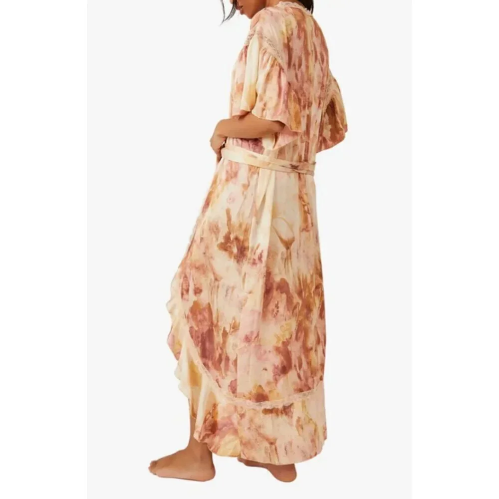 NWOT Free People abstract tie dye print satin effect & lace accent washed robe - Picture 9 of 16